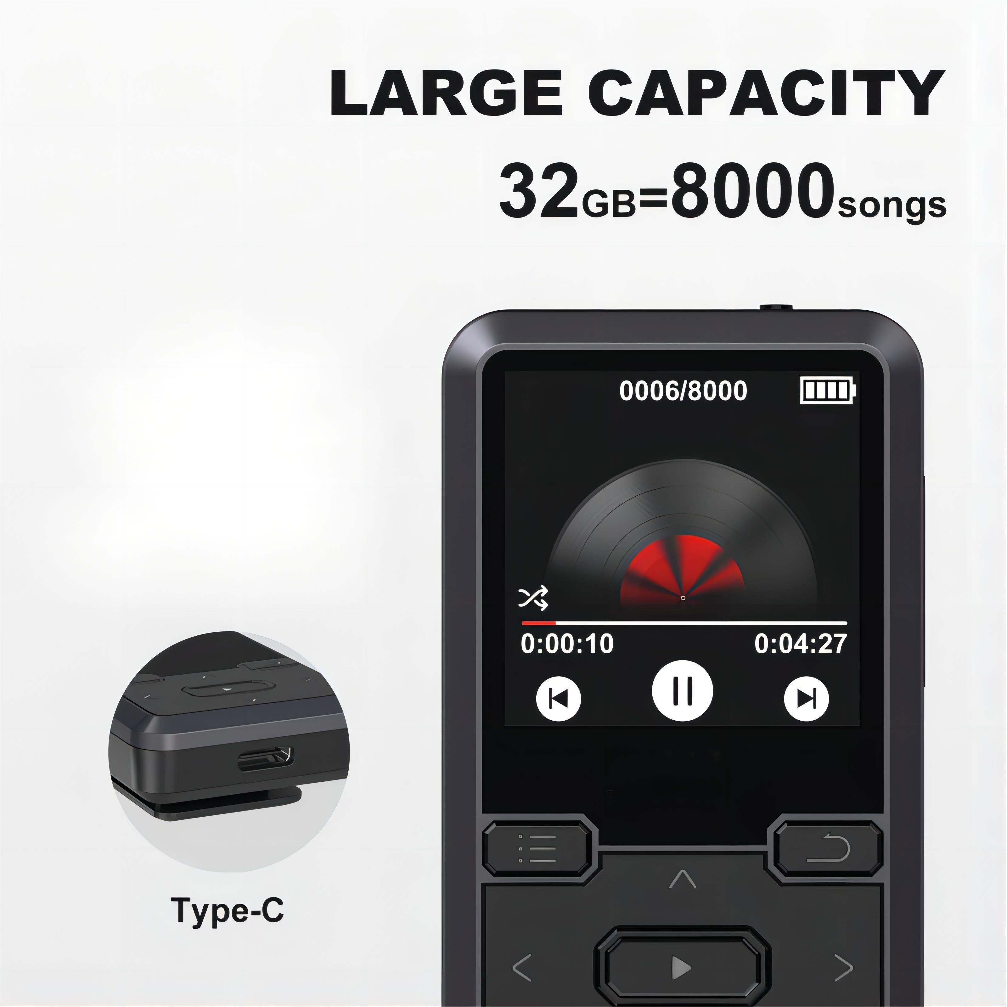 32GB Mini Portable MP3 Player - Exceptional High-Fidelity Sound, FM Radio, Voice Recorder, E-book, Pedometer - Includes USB C Cable, Earphone, Perfect for Sports, Travel, and Camping Adventures