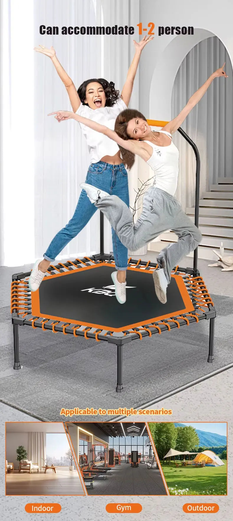 55 in adult trampoline, sports bounce, with U-shaped armrests, indoor fitness trampoline, maximum load 800 lbs