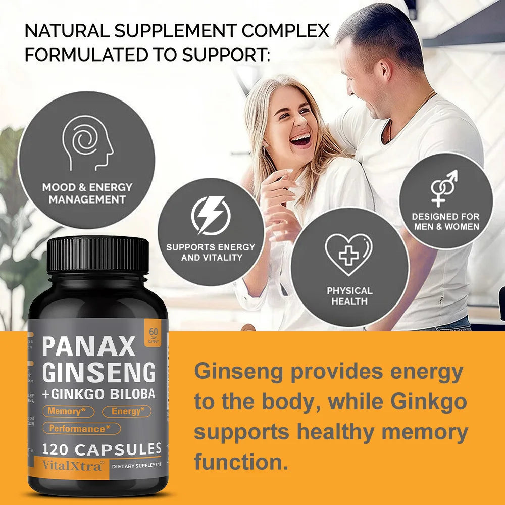 Panax Ginseng Supplement, with Ginkgo Biloba - Supports Heart Health and Muscle Function, Boosts Energy, Athletic Performance