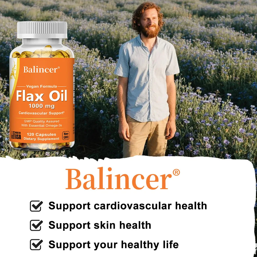 Flax Oil Supplement - with Omega-3, EPA, DHA and Vitamin D, Benefits Brain and Heart Health, Improves Skin Health