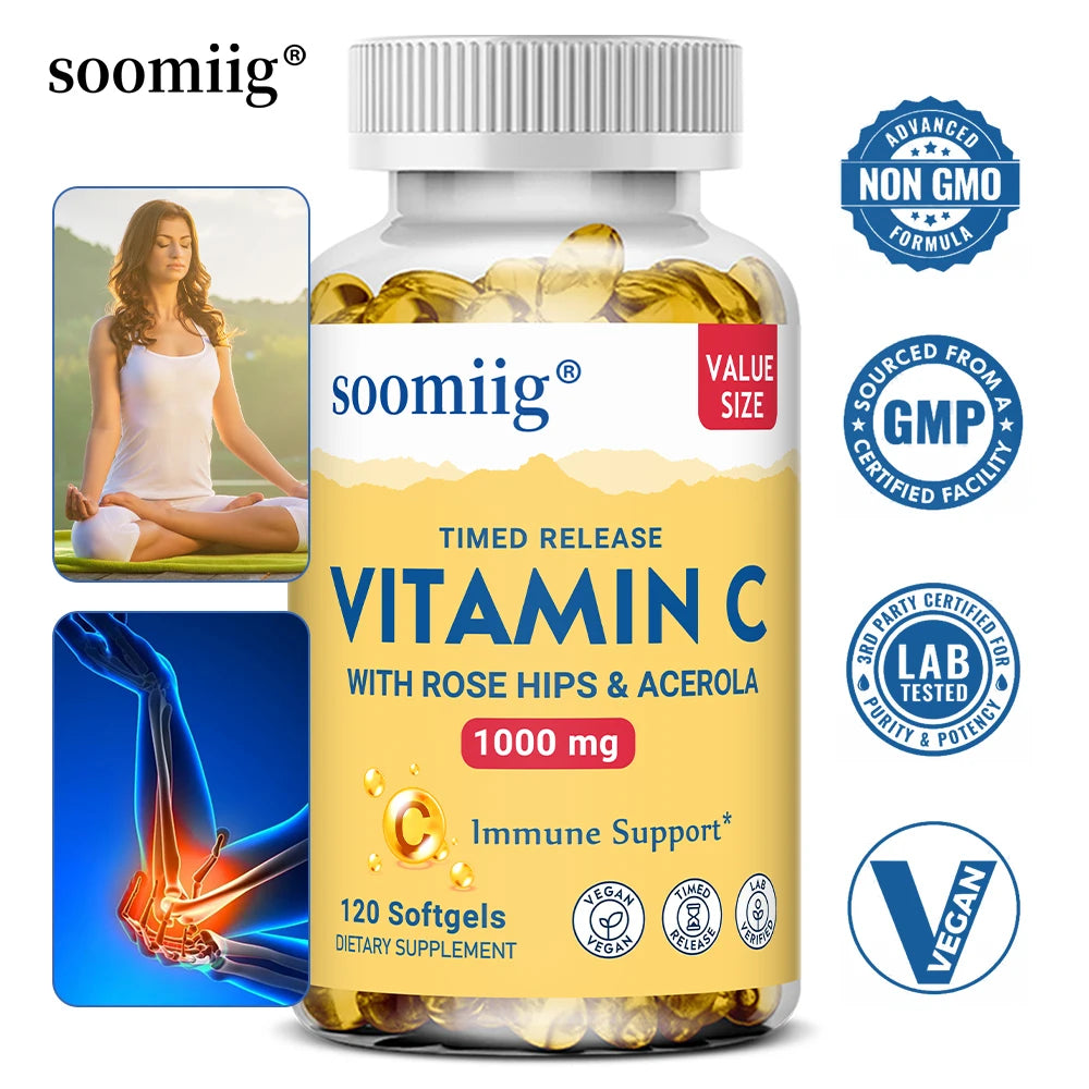 Vitamin C W/Rose Hips & Acerola | 1000mg | Two-Stage Timed-Release Healthy Immune Function, Skin, Hair & Nails Support | Non-GMO - Path to Self-Improvement