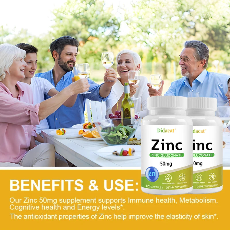 Zinc Supplement 50mg, Zinc Gluconate, for Skin, Immune, and Digestive Health, for Adults, Men, and Women
