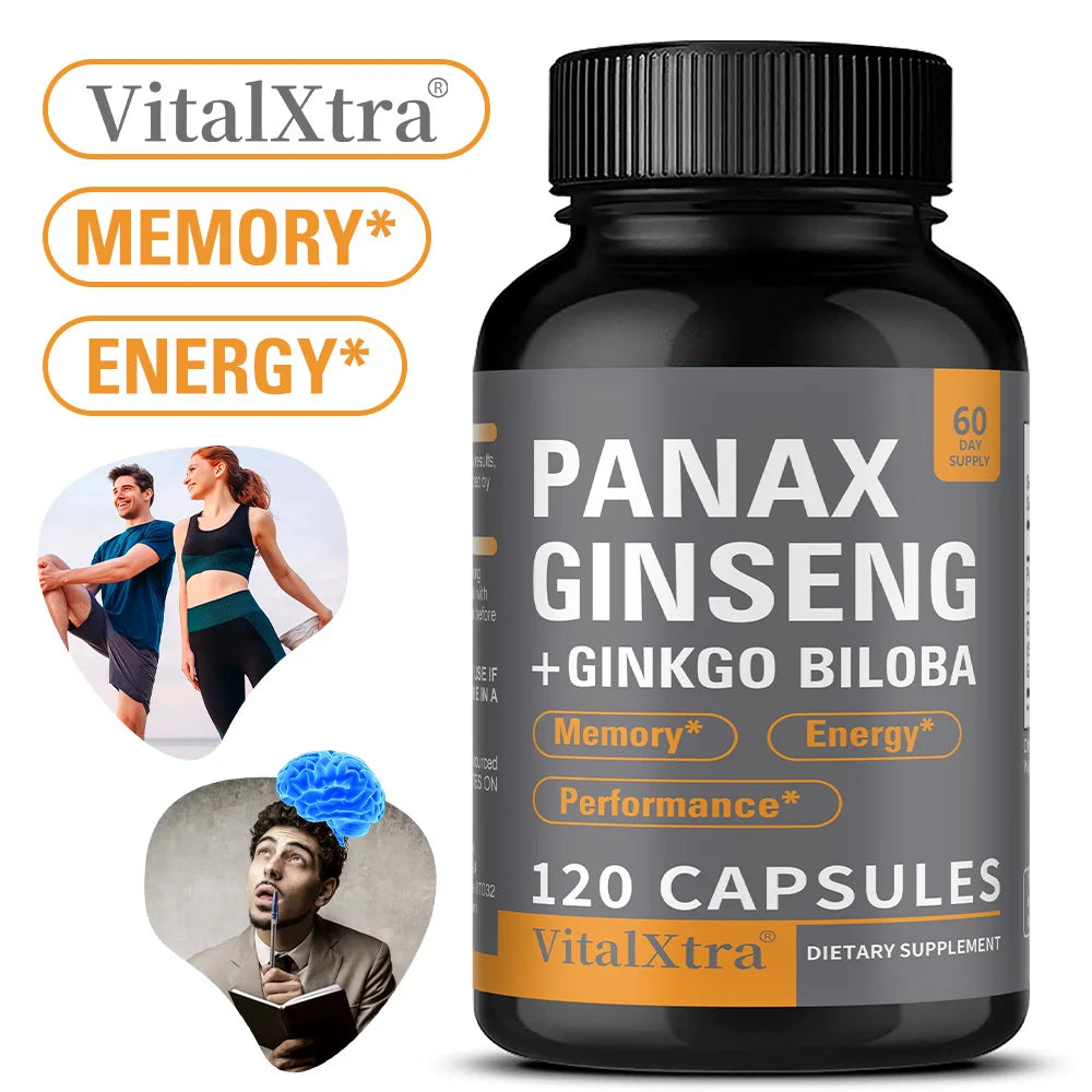 Panax Ginseng Supplement, with Ginkgo Biloba - Supports Heart Health and Muscle Function, Boosts Energy, Athletic Performance