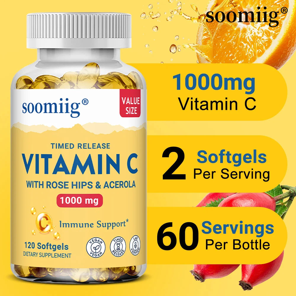 Vitamin C W/Rose Hips & Acerola | 1000mg | Two-Stage Timed-Release Healthy Immune Function, Skin, Hair & Nails Support | Non-GMO - Path to Self-Improvement