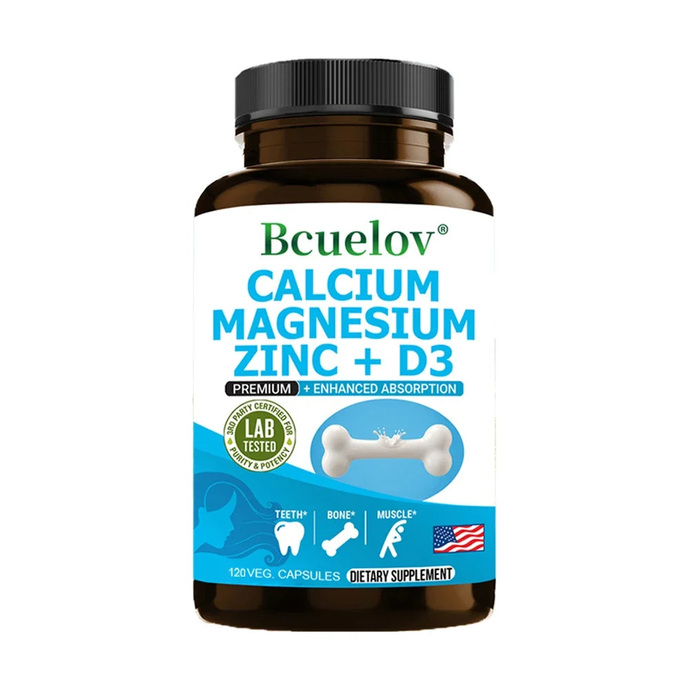 Calcium Magnesium Zinc Vitamin D3 Supplement - Supports Bones, Teeth, Muscles, Nerves, Protein Synthesis, 120 Capsules