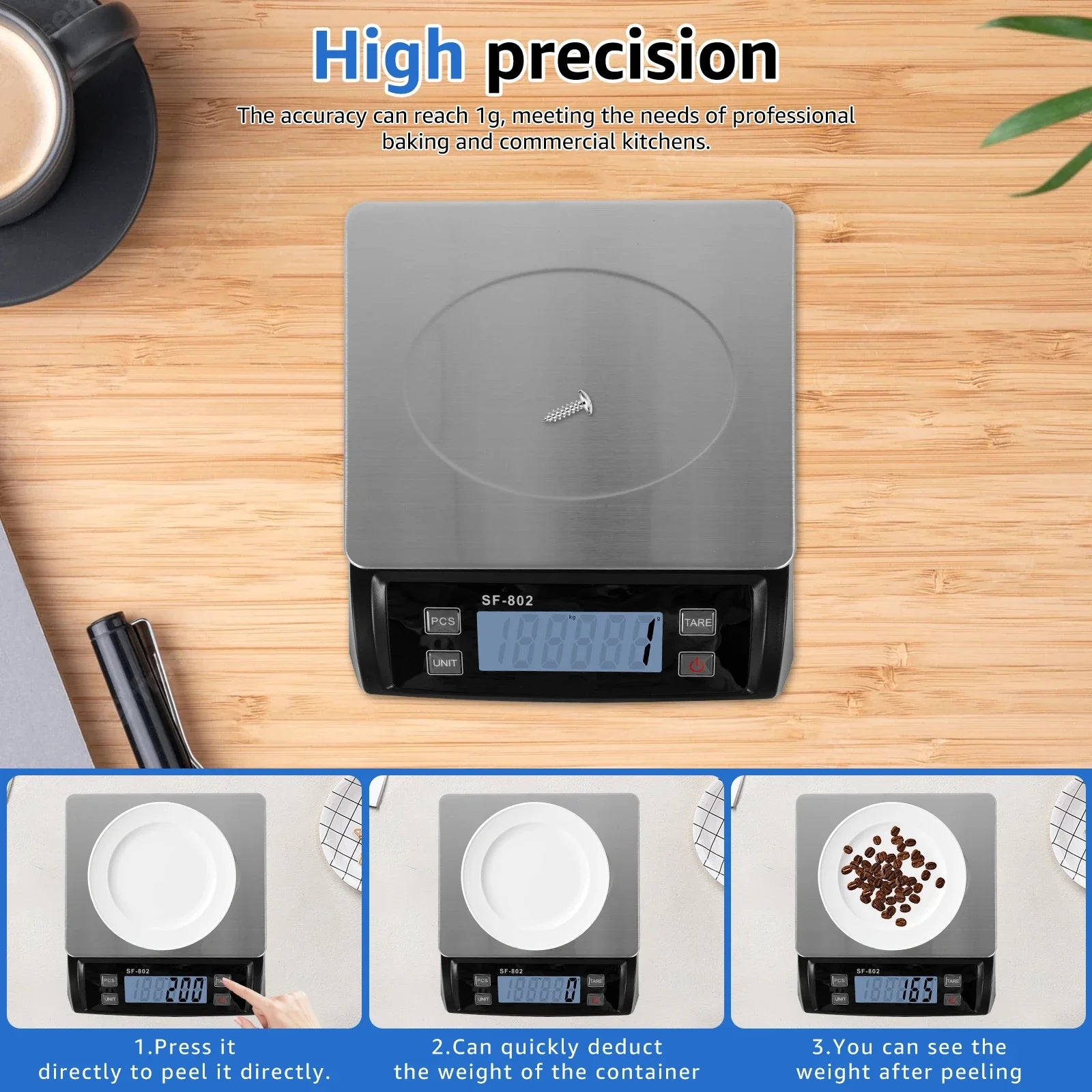 30kg/66lb Food Scale Multifunctional Digital Kitchen Scale with LCD Display and Stainless Steel Cover for Baking Cooking
