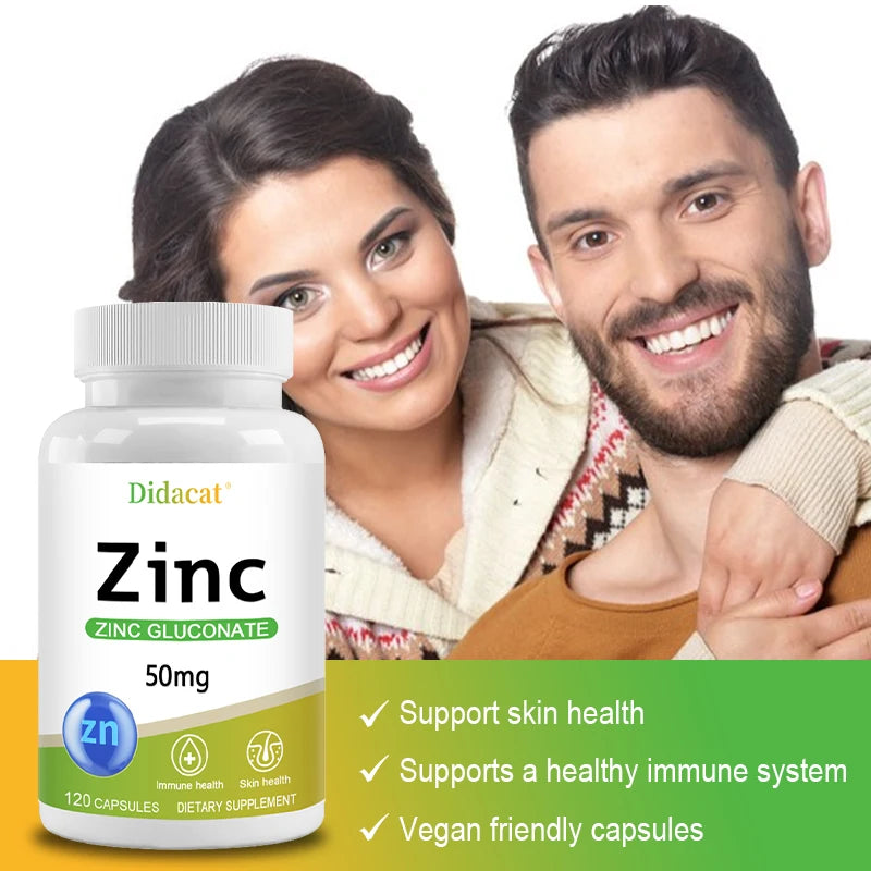 Zinc Supplement 50mg, Zinc Gluconate, for Skin, Immune, and Digestive Health, for Adults, Men, and Women