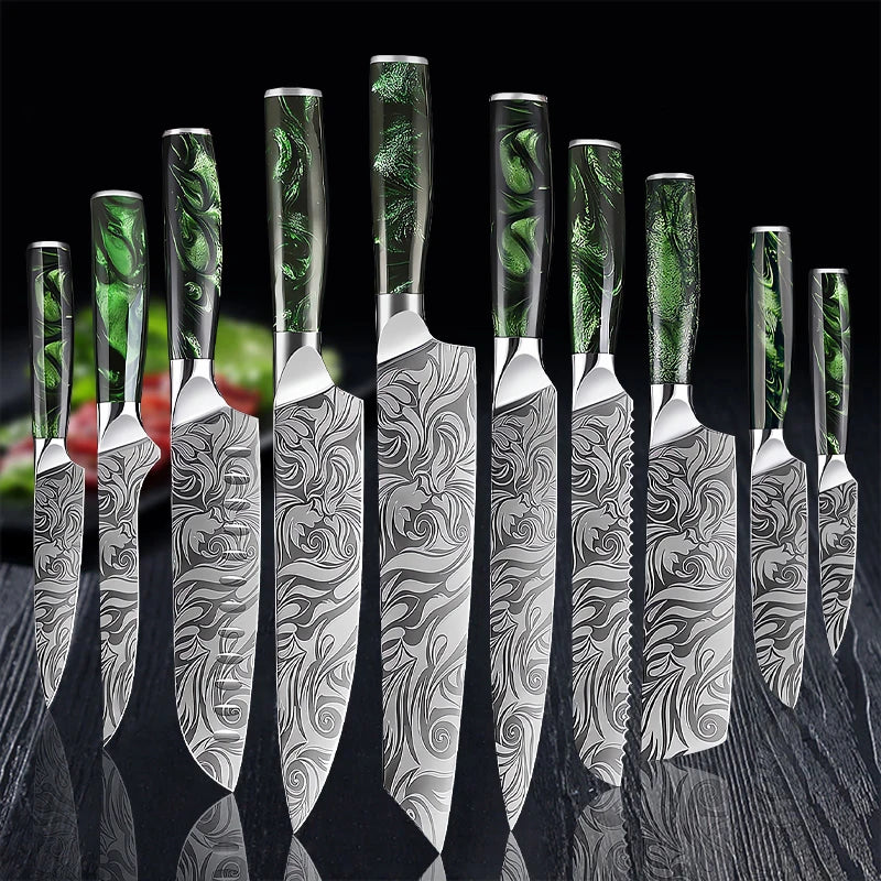 Damascus pattern chef knife set for meal prep and protein portioning