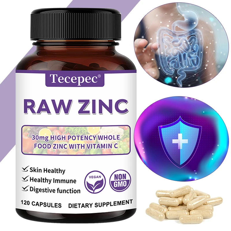 Zinc Vitamins - Raw Zinc Whole Food Supplement with Vitamin C, Vegetarian, for Skin Health, Immune & Digestive Function