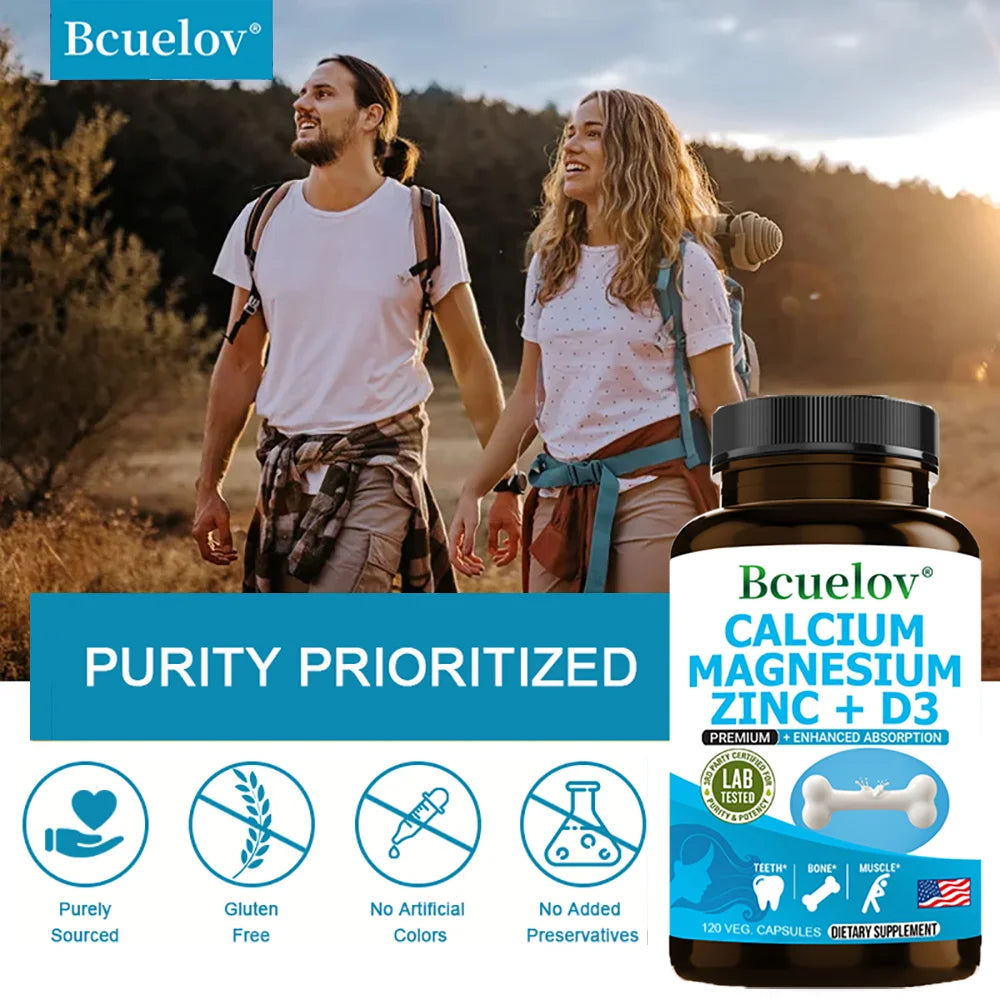 Calcium Magnesium Zinc Vitamin D3 Supplement - Supports Bones, Teeth, Muscles, Nerves, Protein Synthesis, 120 Capsules