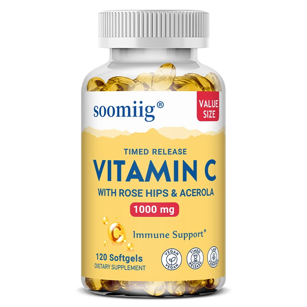 Vitamin C W/Rose Hips & Acerola | 1000mg | Two-Stage Timed-Release Healthy Immune Function, Skin, Hair & Nails Support | Non-GMO - Path to Self-Improvement