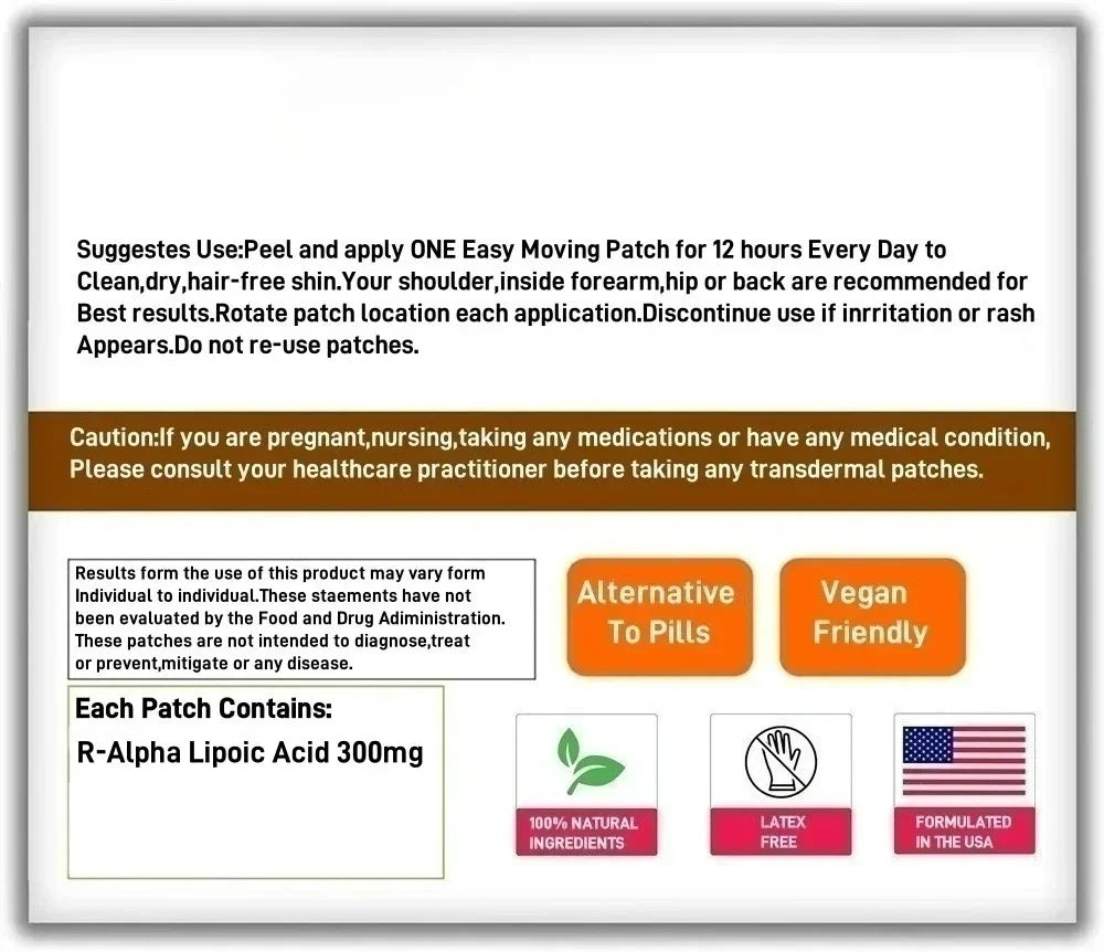 30 Patches R-Alpha Lipoic Acid Transdermal Patches High Potency for Cellular Energy & Metabollic Function - Path to Self-Improvement