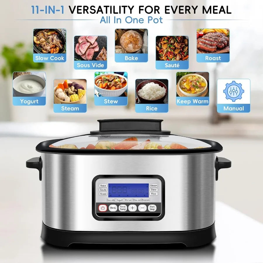 6.5 Quart Multi Cooker 11-in-1 Programmable Slow Cooker with Bake Saute Roast and Sous Vide Functions for Home Kitchen Use 1500