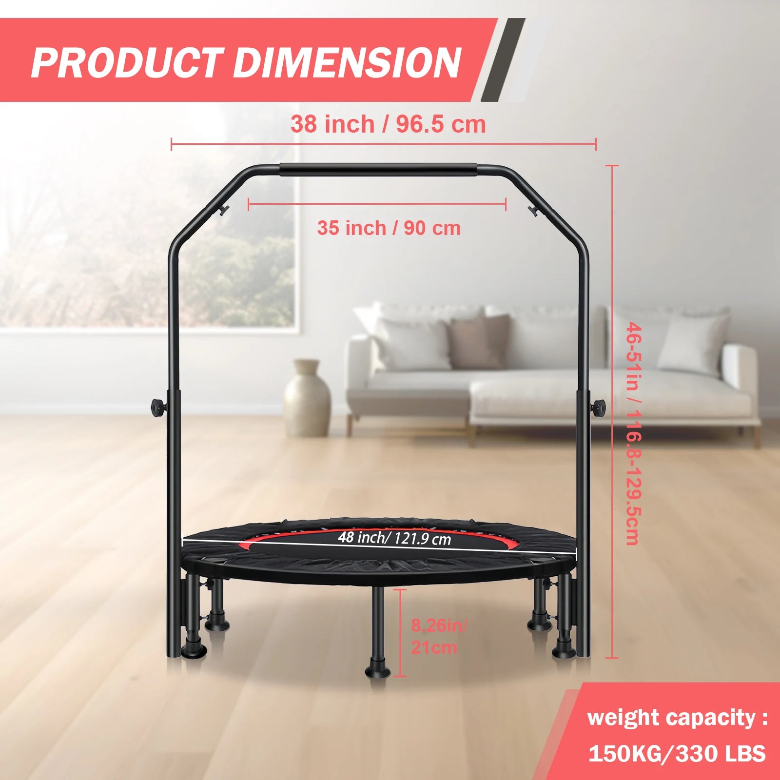 48-Inch Trampoline Foldable Fitness Trampoline Rebounder With Adjustable Handrail Bearing Max 330 lbs Outdoor Children Adults - Path to Self-Improvement