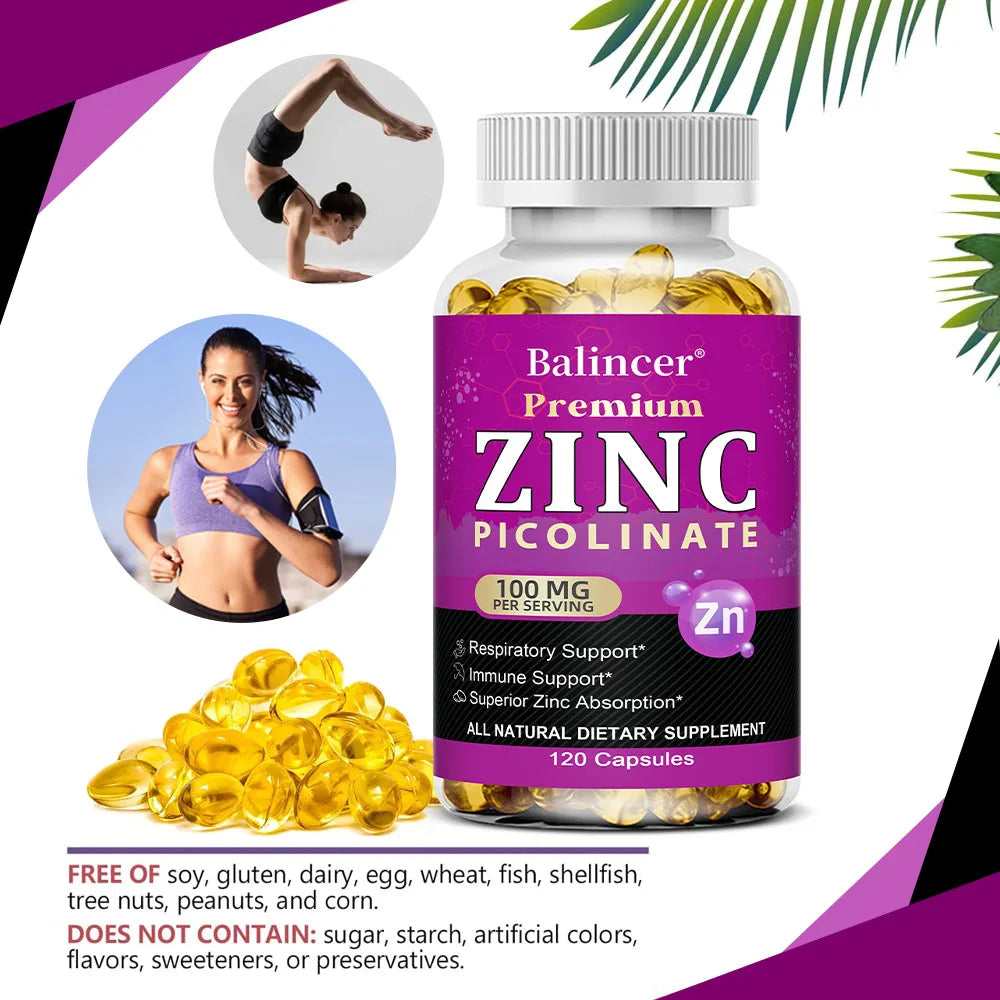 Zinc Picolinate Capsules 100 Mg - Superior Zinc Absorption, Support Immune, Sleep & Energy, Respiratory Health Supplement