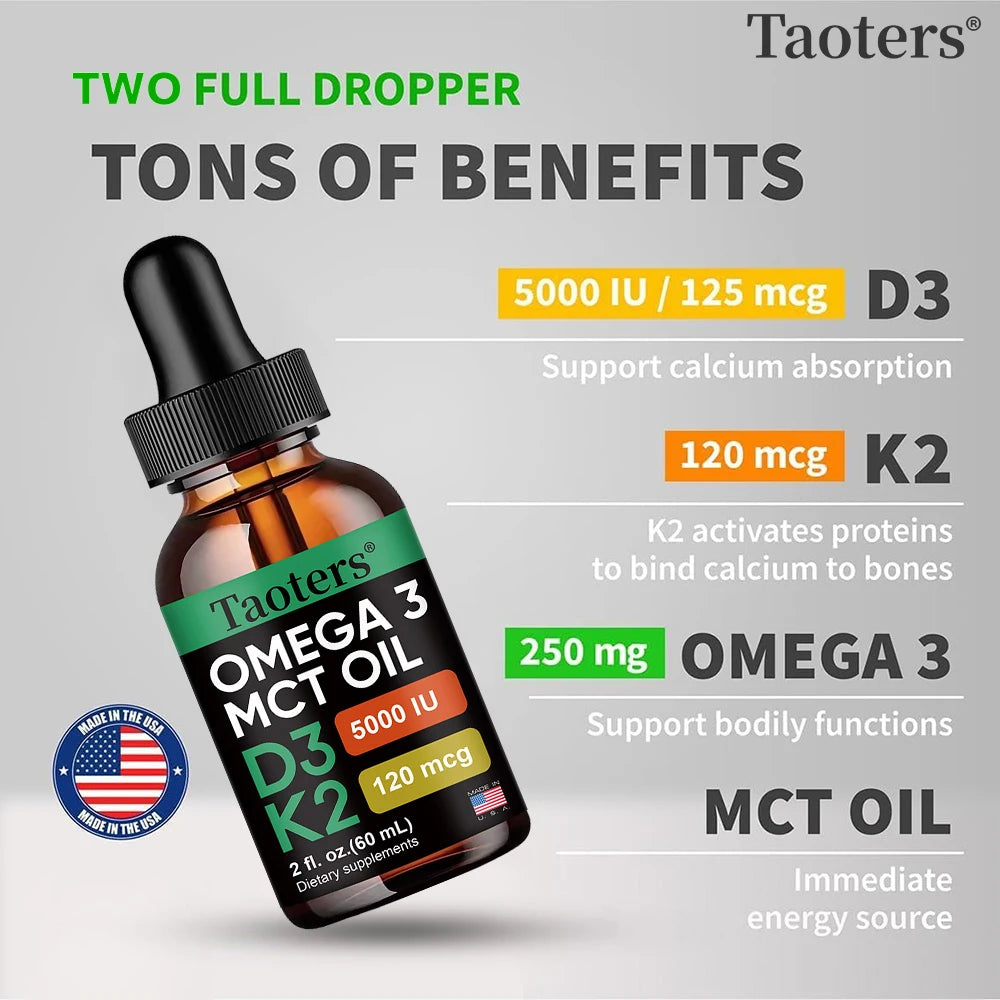 Vitamin D3 K2 Liquid Drops, Vitamin D, K, MCT Oil & Omega 3, Bone, Heart, Joint & Muscle Support Dietary Supplement, Non-GMO - Path to Self-Improvement