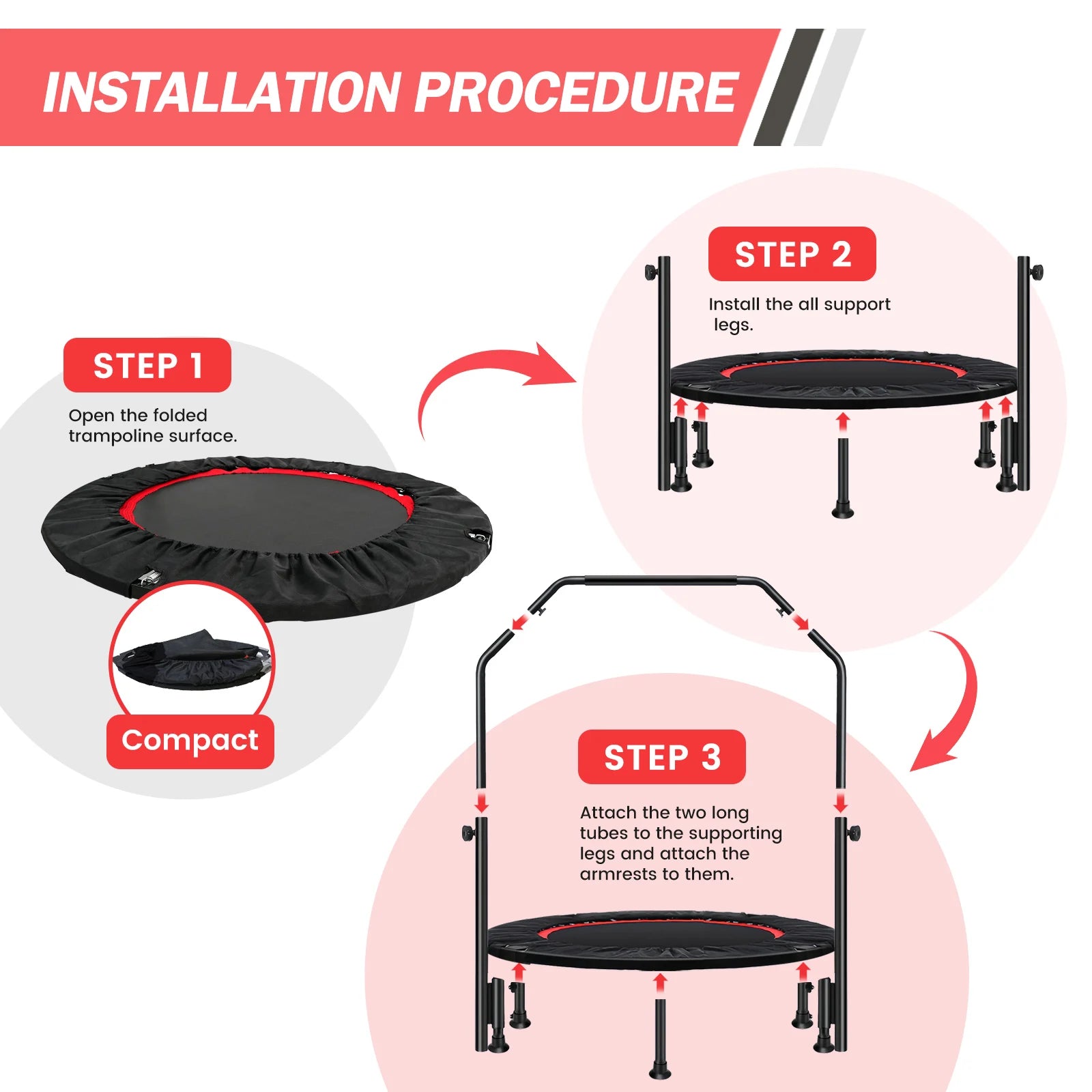 48-Inch Trampoline Foldable Fitness Trampoline Rebounder With Adjustable Handrail Bearing Max 330 lbs Outdoor Children Adults - Path to Self-Improvement