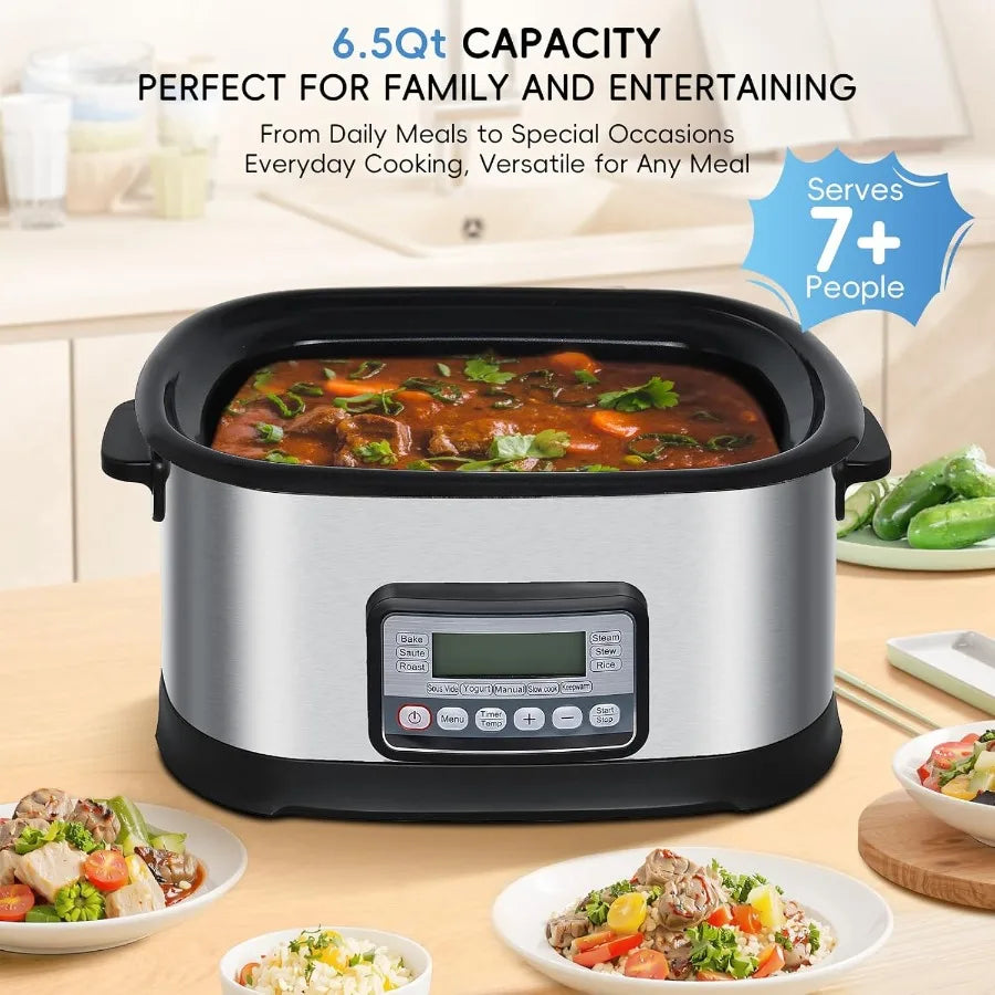 6.5 Quart Multi Cooker 11-in-1 Programmable Slow Cooker with Bake Saute Roast and Sous Vide Functions for Home Kitchen Use 1500