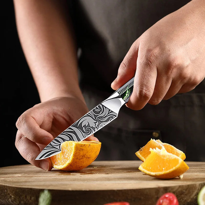 Damascus chef knife preparing healthy meal ingredients