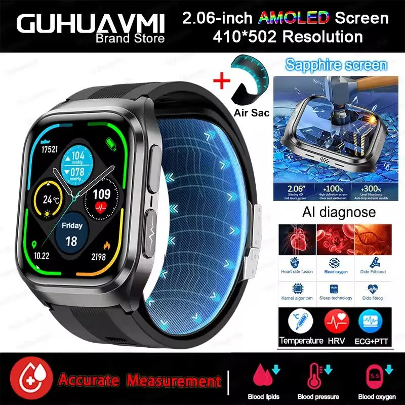 NEW Air Pump Airbag Blood Pressure Accurate Diagnosis Smart Watch ECG Temp Blood Fat Uric Acid Men Three High Monitor Smartwatch - Path to Self-Improvement