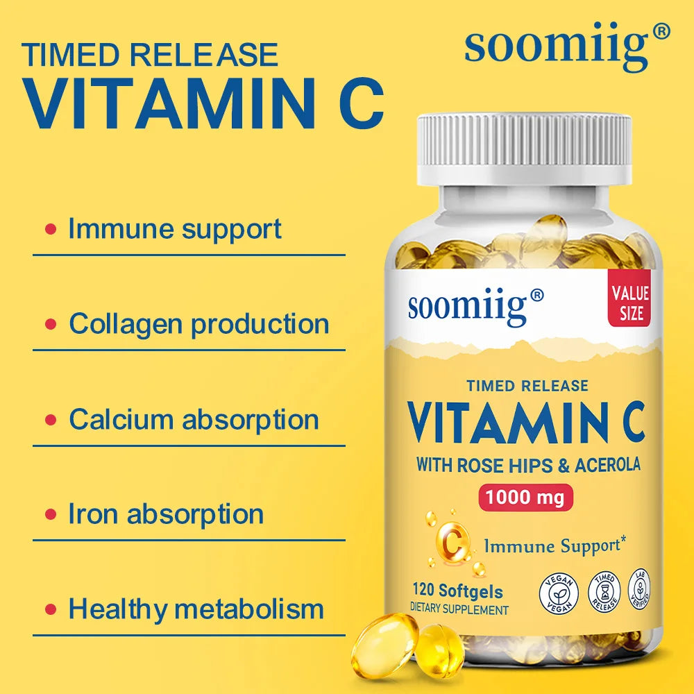 Vitamin C W/Rose Hips & Acerola | 1000mg | Two-Stage Timed-Release Healthy Immune Function, Skin, Hair & Nails Support | Non-GMO - Path to Self-Improvement