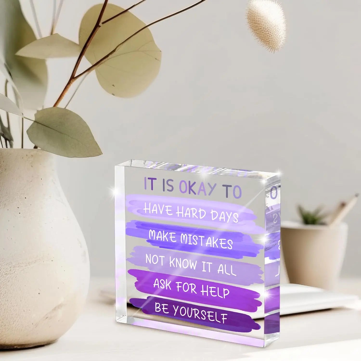 Mental Health “It is Okay to...” Desk Sign - 4x4 Inch Purple Acrylic Affirmation Decor for Women, Therapy Office Decor