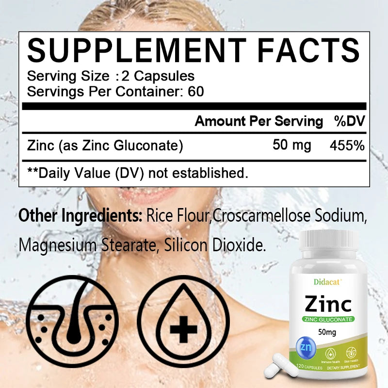 Zinc Supplement 50mg, Zinc Gluconate, for Skin, Immune, and Digestive Health, for Adults, Men, and Women