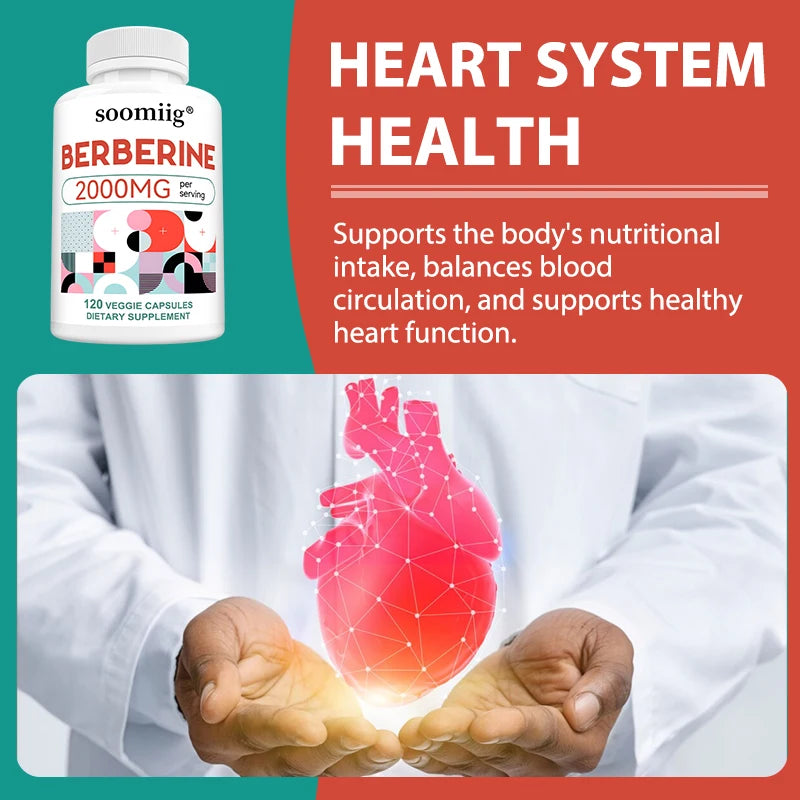 Berberine Capsules - 2000mg, Supports Bone and Cardiovascular Health, Promotes Metabolism, Helps with Energy, Immune System