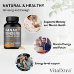 Panax Ginseng Supplement, with Ginkgo Biloba - Supports Heart Health and Muscle Function, Boosts Energy, Athletic Performance