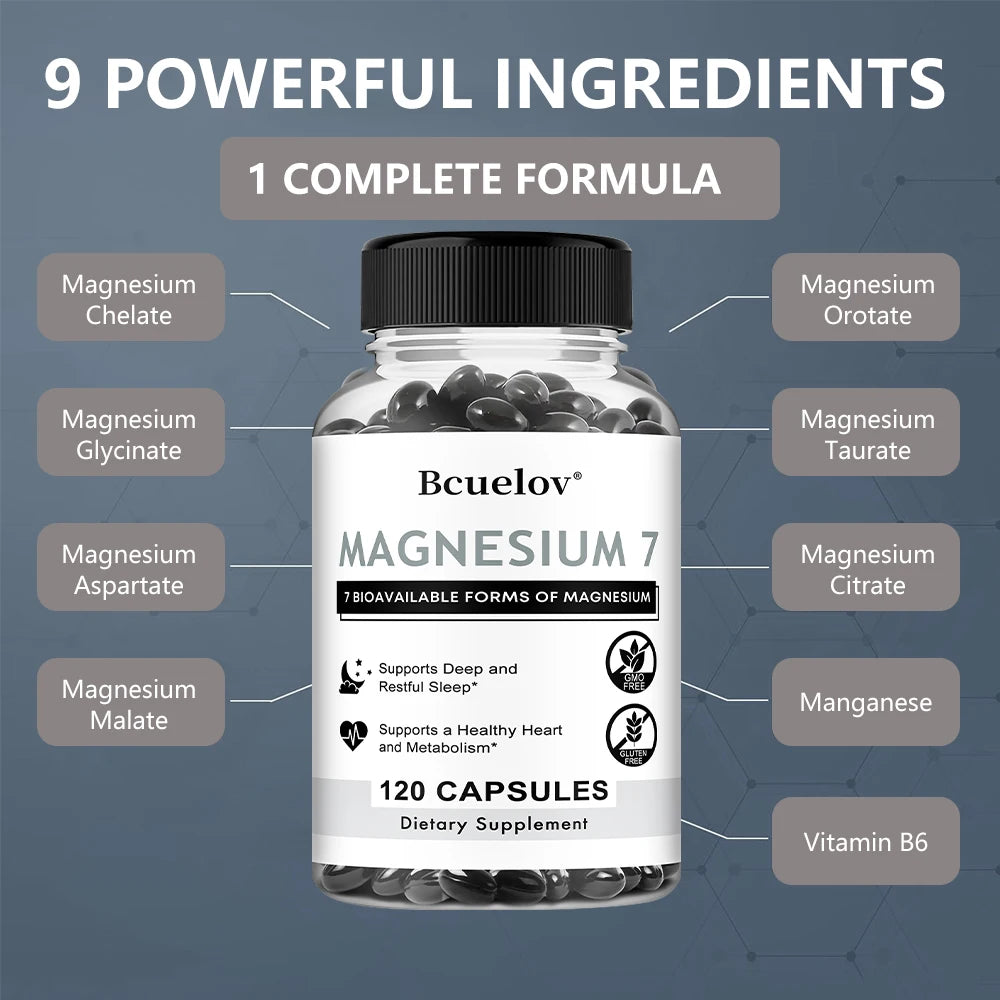 Magnesium 7 Supplement, Natural Magnesium Capsules for Heart, Sleep, and Metabolism Support with Vitamin B6, Vegan, Non-GMO
