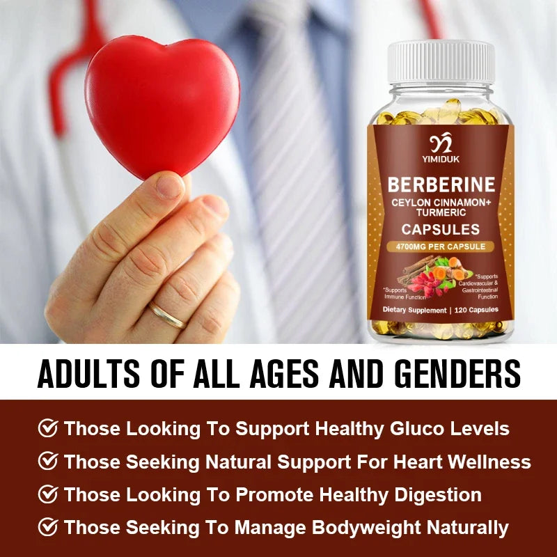 Berberine Capsules, with Ceylon Cinnamon, Support Heart Health, Immune System, Healthy GI & Cholesterol, Gluten-Free, Non-GMO