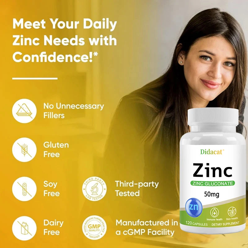 Zinc Supplement 50mg, Zinc Gluconate, for Skin, Immune, and Digestive Health, for Adults, Men, and Women
