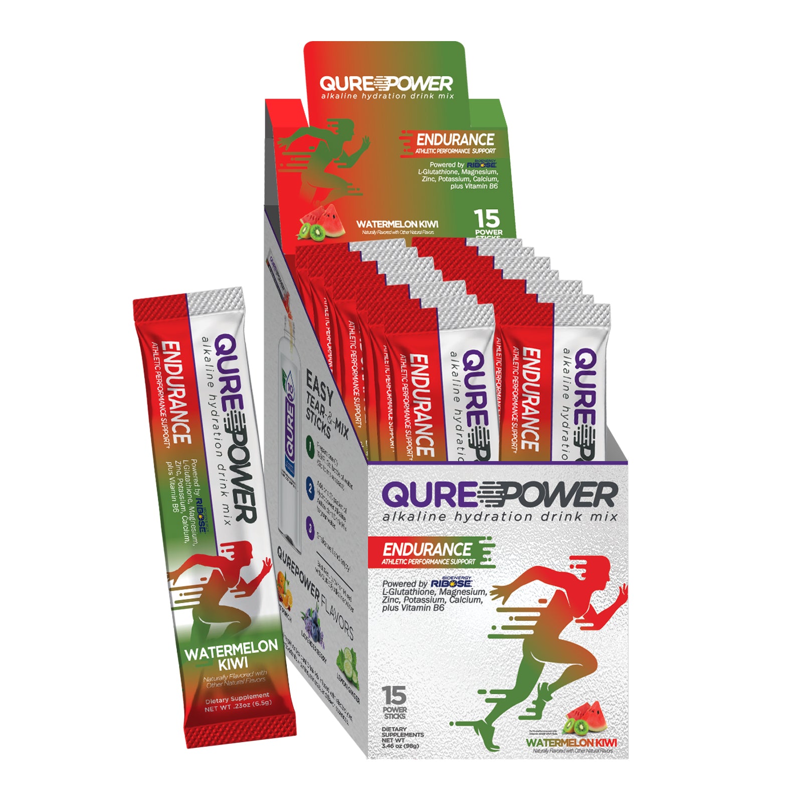 QURE Power Watermelon Kiwi Endurance Support Stick (15 Pack)