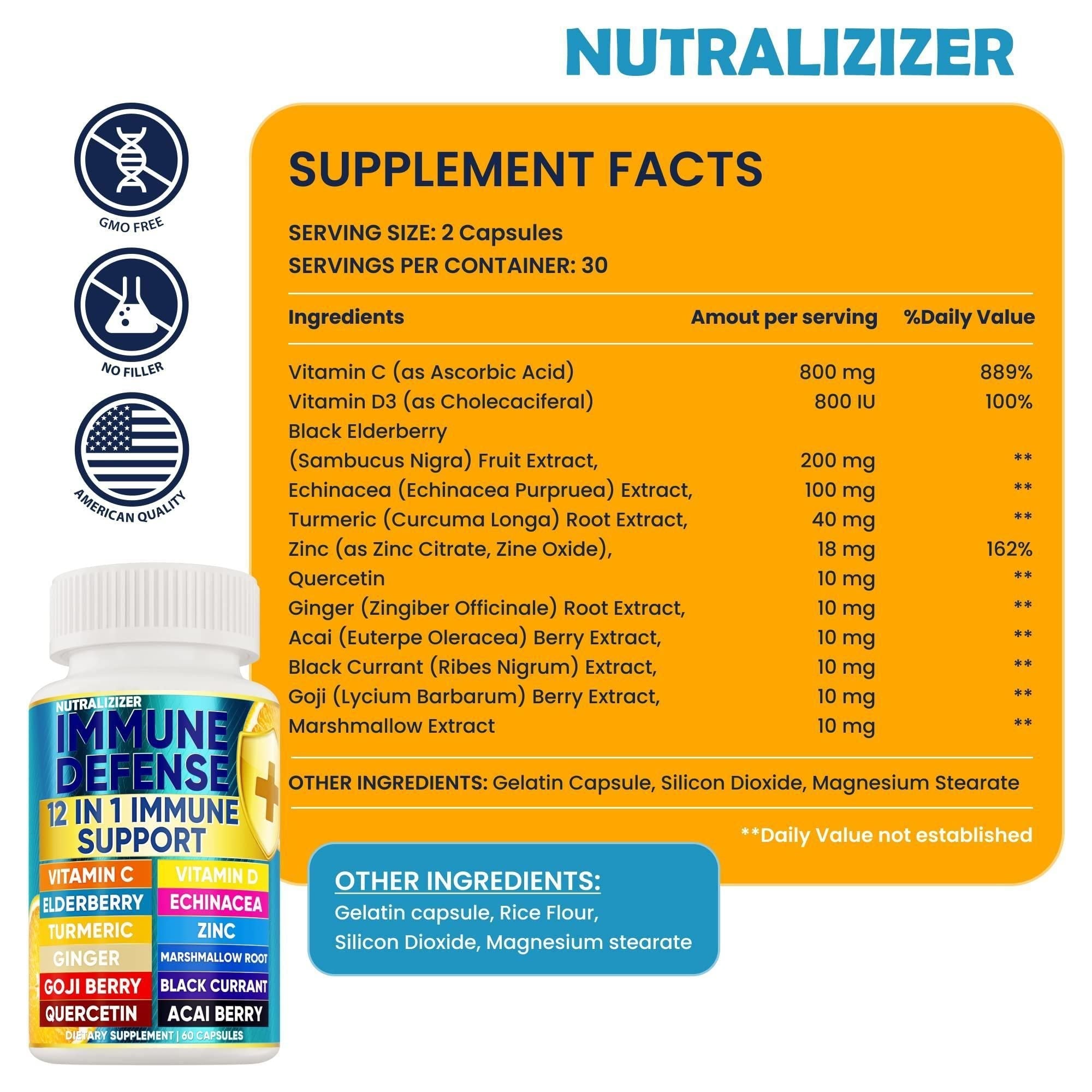 12 in 1 Premium Immune Defense Vitamins Immune Supplement w Vitamin D3